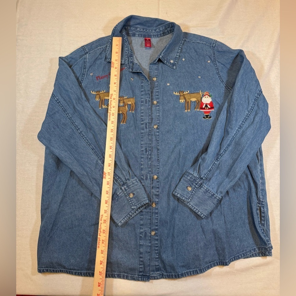 Vintage Embroidered Denim Christmas Shirt with Santa and Reindeer - Picture 5 of 8